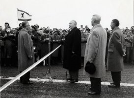 Einweihung der Berliner Brke, 30. Mz 1957, Bundesverkehrsminister Dr. Seebohm, OB Arthur Bransch, OStD Dr. Hesse             Foto: o. A. Bestand: Stadtplanung und Bauberatung von 28.02.02, AZ 471230, Bd. 7