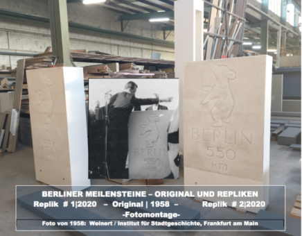Willy Brandt und OB Walter Bockelmann bei der Enthüllung des Berliner Meilensteins am Frankfurter Kreuz 1958 Bild freigegeben bei Nennung der Quelle für das historische Foto: „Bild: Weinert / Institut für Stadtgeschichte, Frankfurt am Main