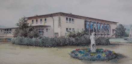 Gemeindesaalbau Schwalbach mit Berliner B, Gemde des Saarbrker Kstlers Fritz Ludwig Schmidt von 1965